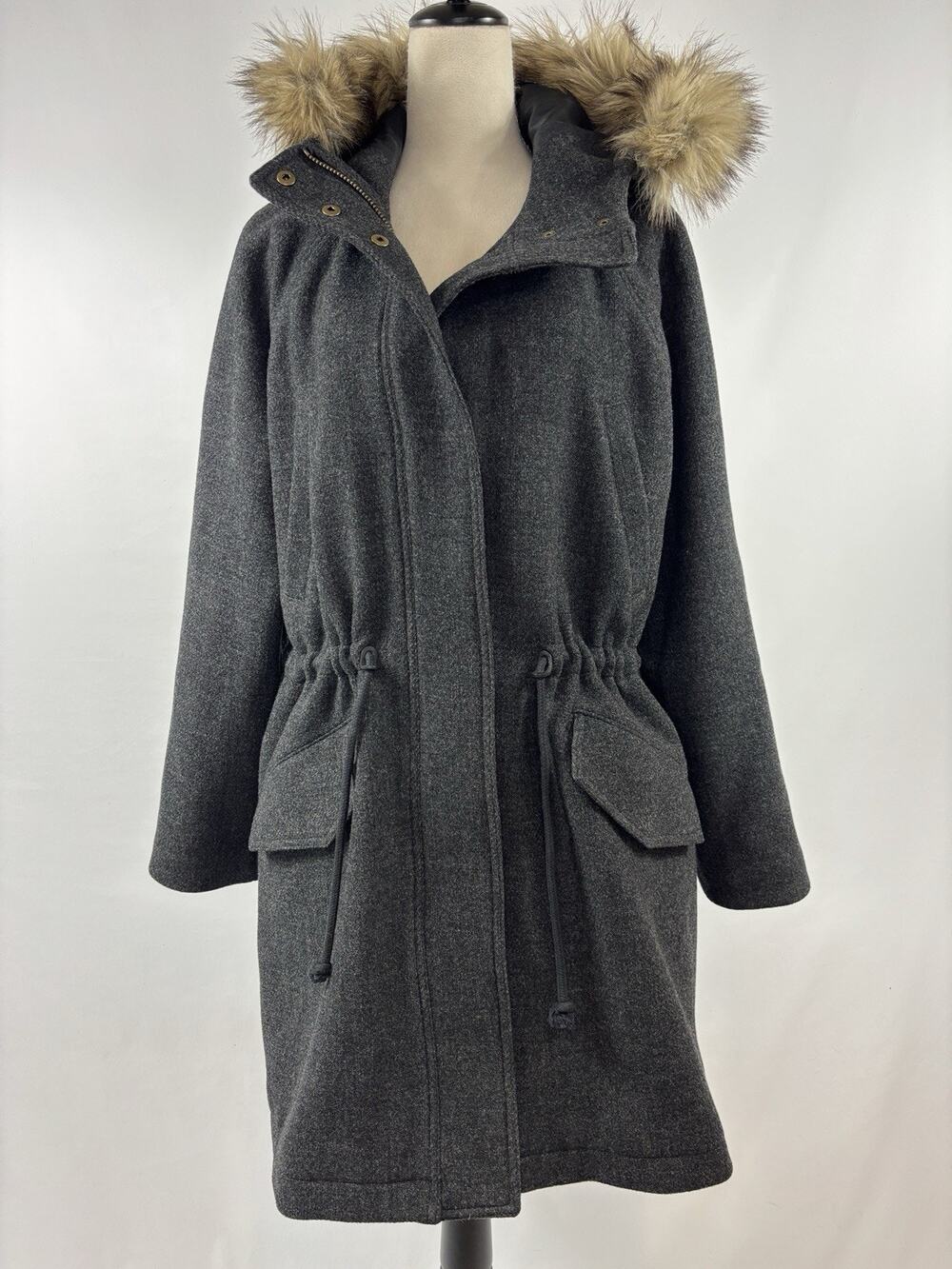 Madewell Vancouver Parka Coat Dark Grey Size XL Wool Blend Faux Fur Hood Pockets